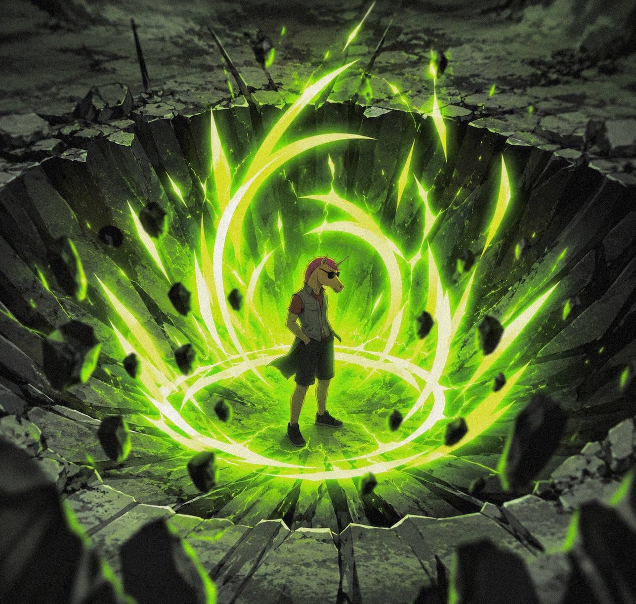 The Unicorn stands inside a green onchain energy crater