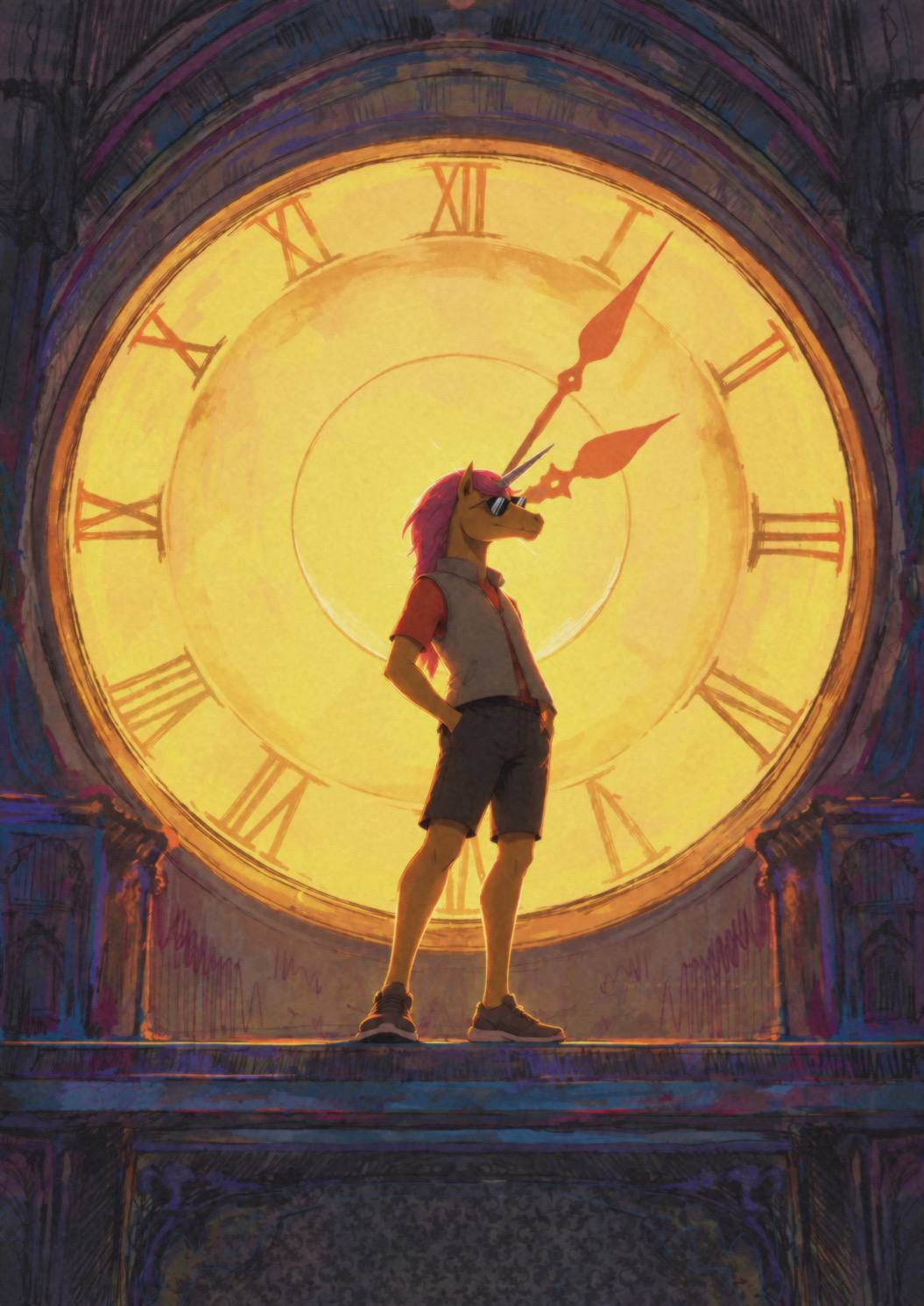 The Unicorn stands in front of a monumental glowing clock