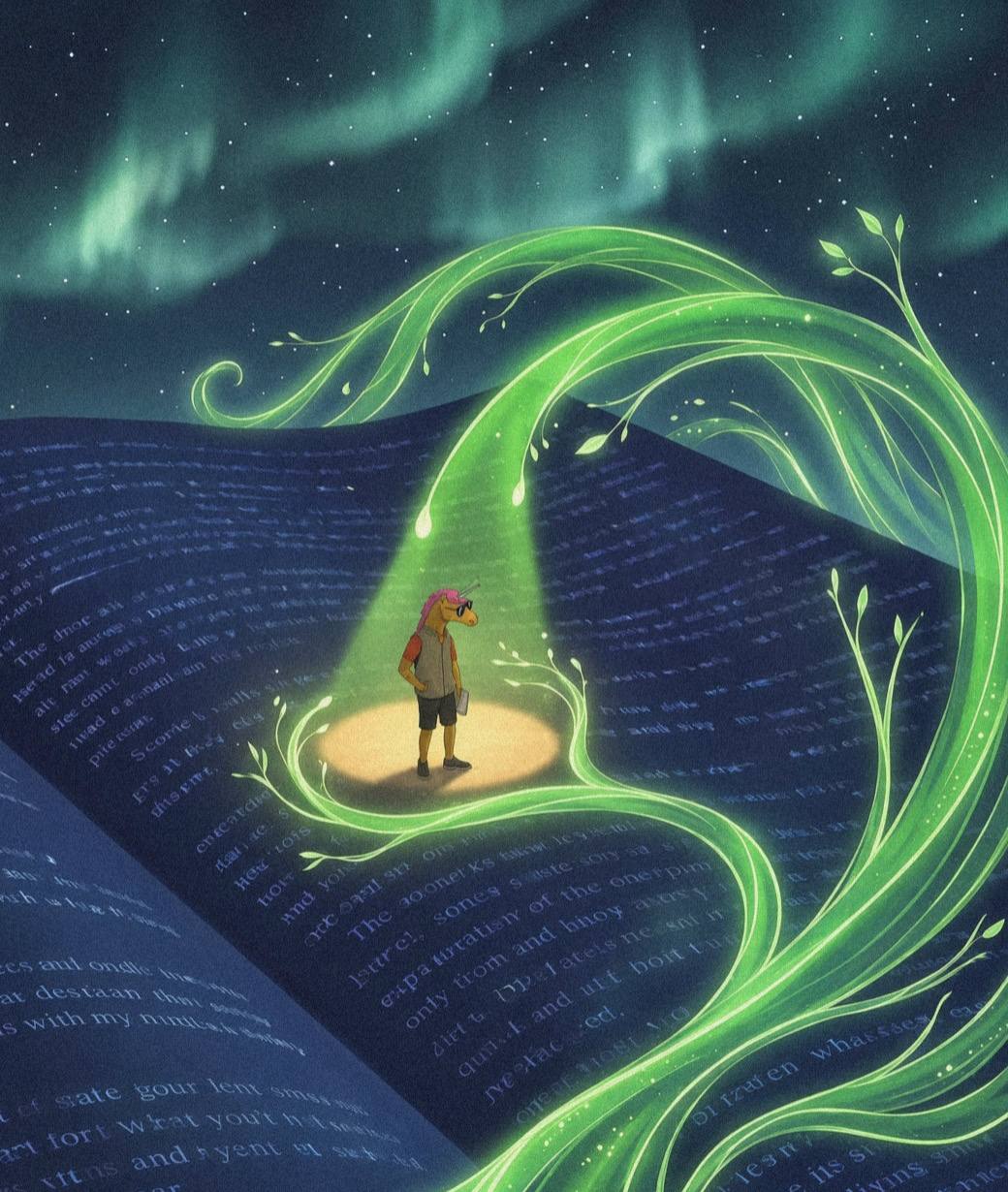 The Unicorn stands on a glowing green path beneath the northern lights