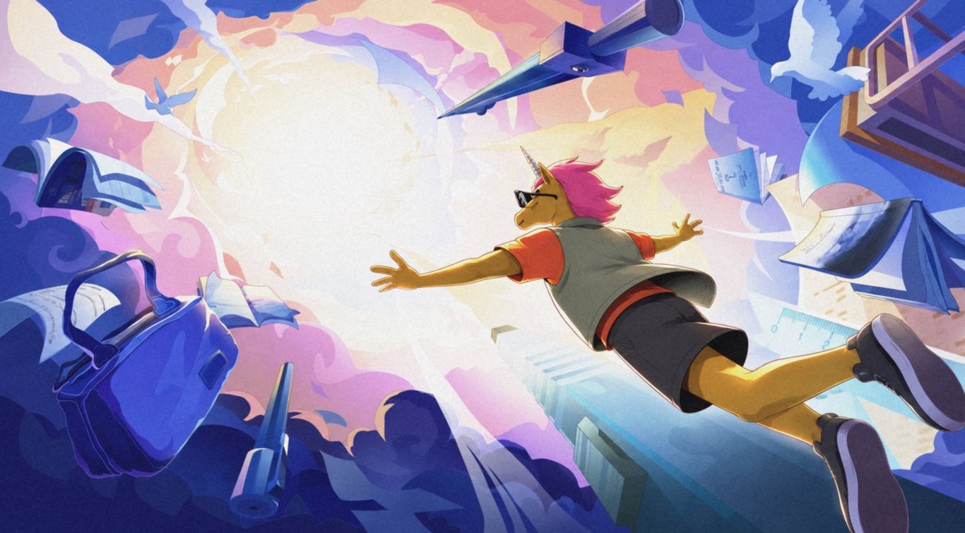 The Unicorn flies into a bright sky