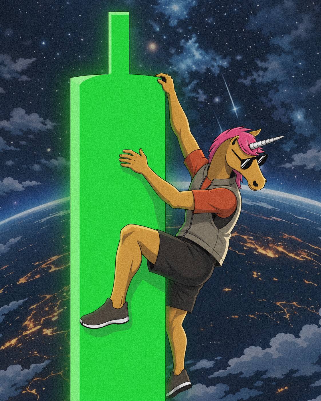 The Unicorn climbs a glowing green pillar above Earth
