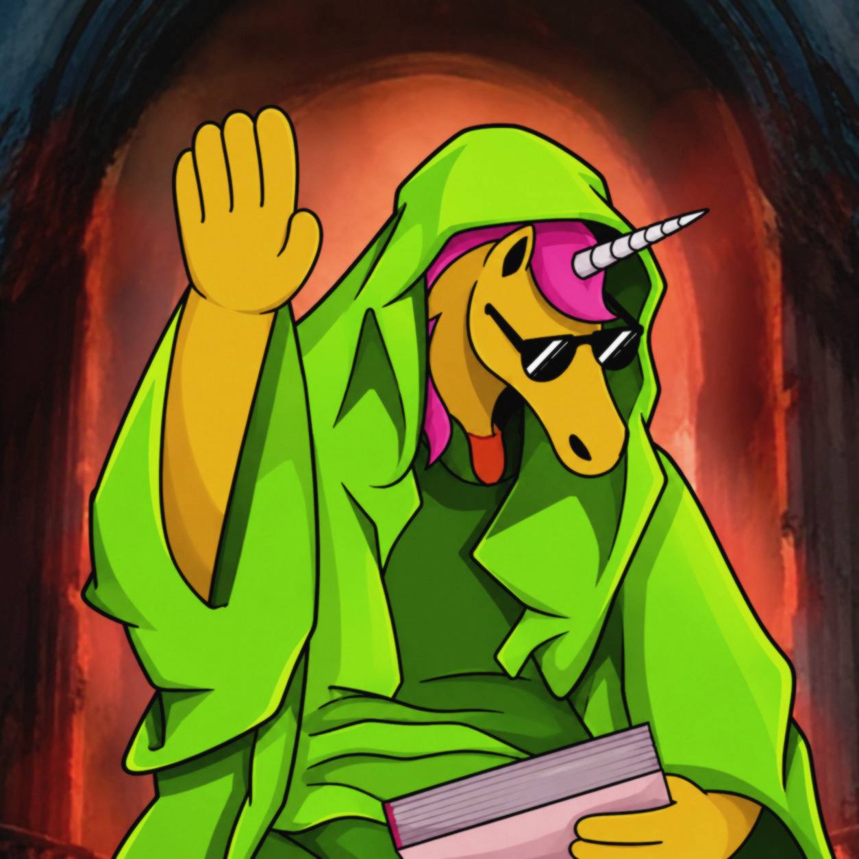 The Unicorn wears a vivid green hood